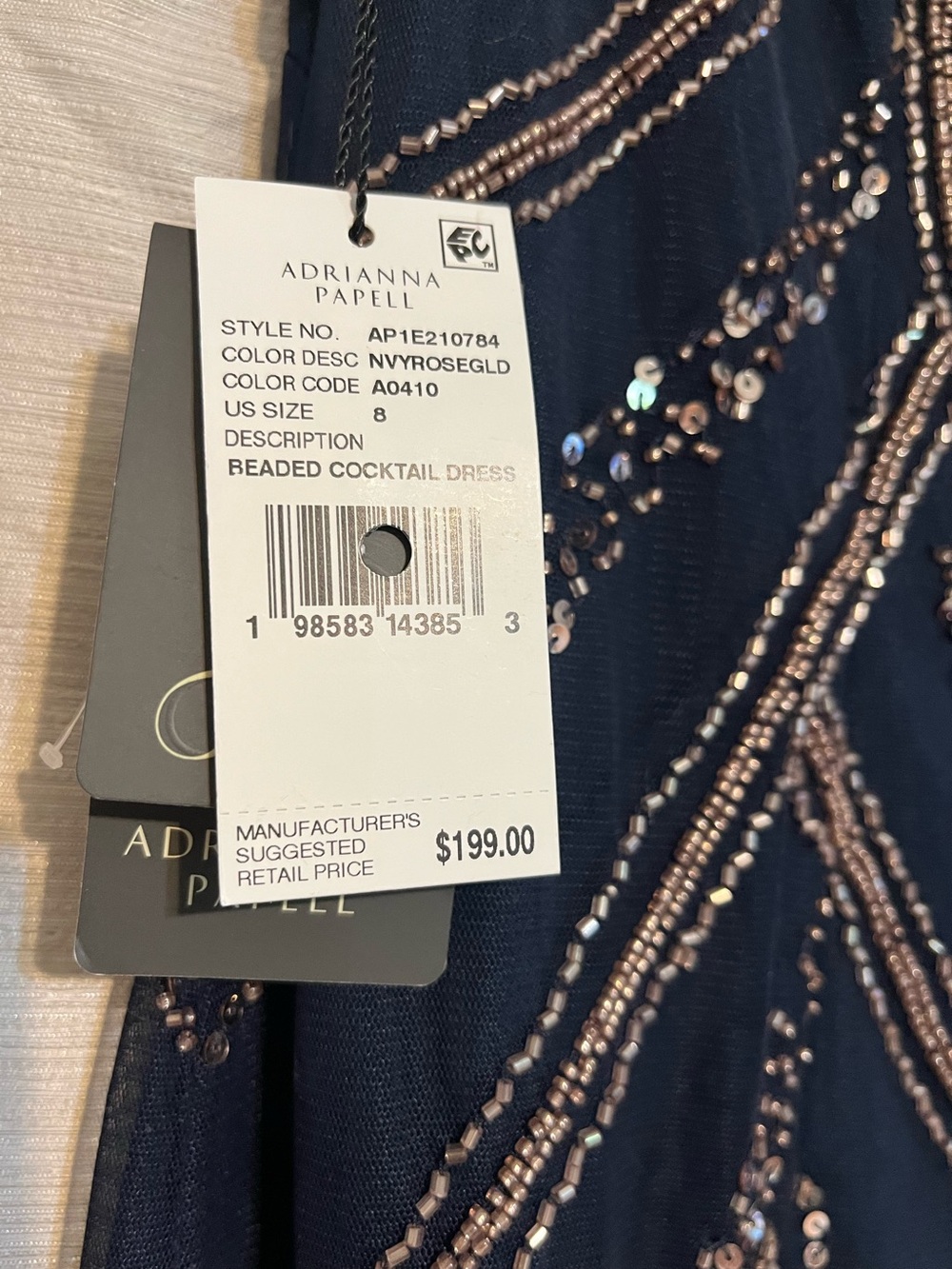 NWT Size 8 Adrianna Papell Beaded Art Deco Cocktail Dress in Navy/Rose Gold - Picture 6 of 9